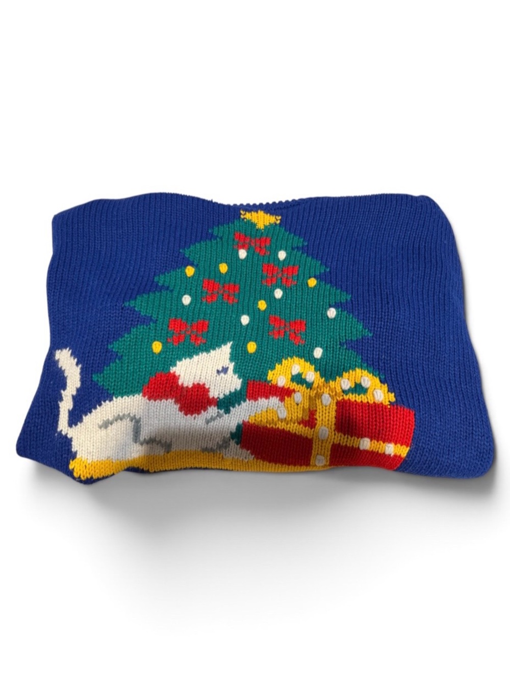 Karen Scott Blue Kids Knit Scarf with Christmas Tree, Cat and Gifts